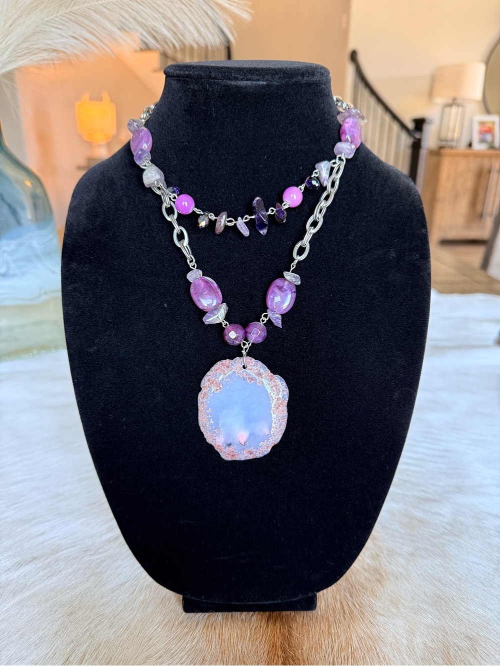 Purple Agate Pendant Necklace with Beaded Chain
